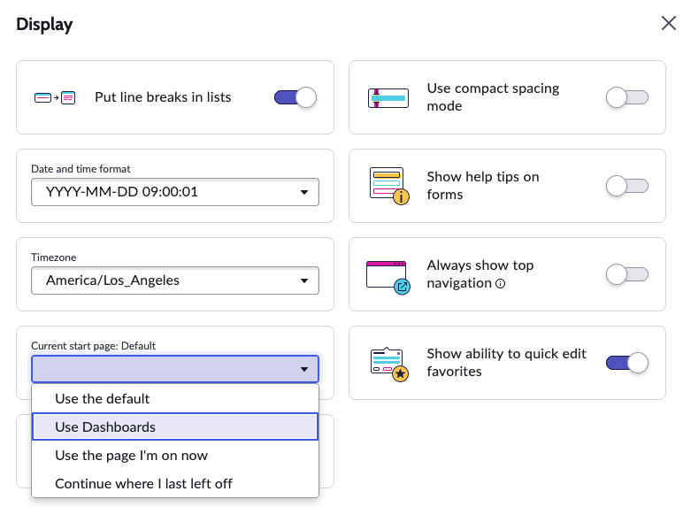 Display menu with Start page menu and Use Dashboards option highlighted