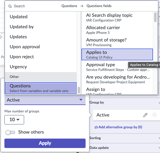 Selecting a Question in a Group by field.