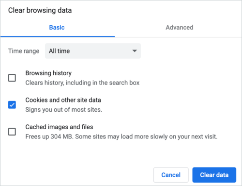Settings to clear local storage cookies.