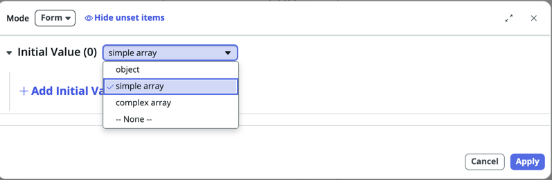 Simple array selected from the list of initial values when editing the parFilters variable.