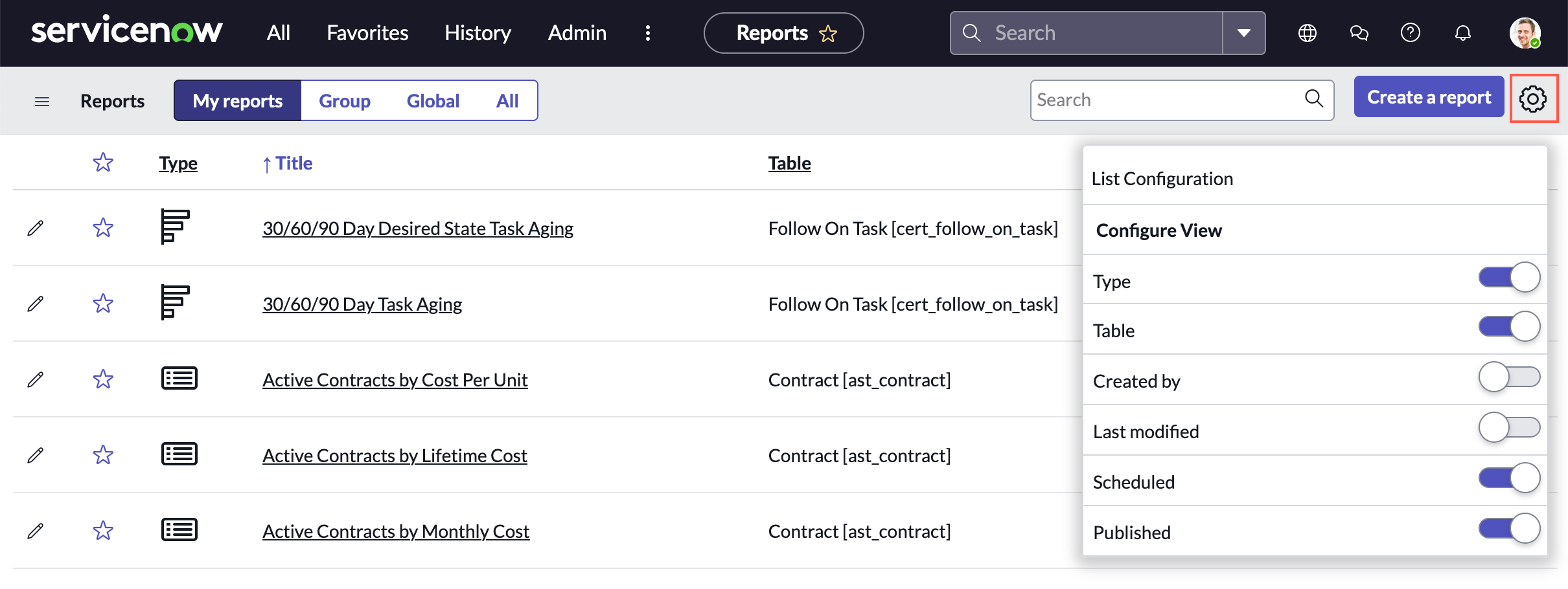 Report list configuration window