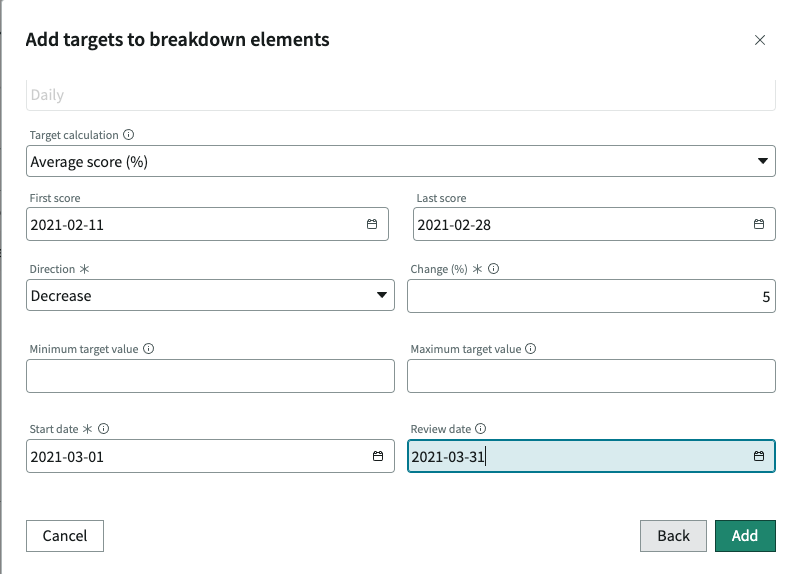 Selecting the percentage value, the time range over which to calculate the average score, and the start and review dates of targets you are adding for multiple breakdowns.