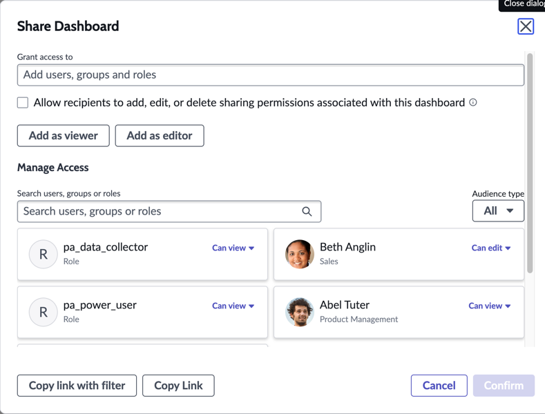 Dashboard sharing dialog showing who the dashboard has been shared with and whether they can edit or only view it.