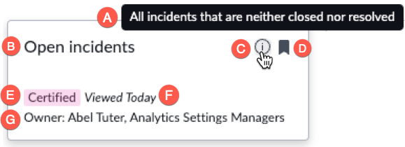 Dashboard tile example with title, bookmark, certification, last viewed, description, and creator called out
