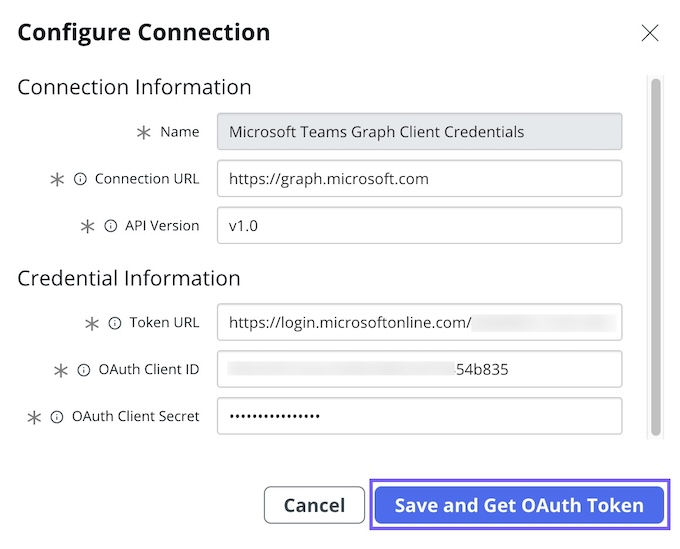 Configurer une connexion pour le Microsoft Teams Graph Informations d’identification du client