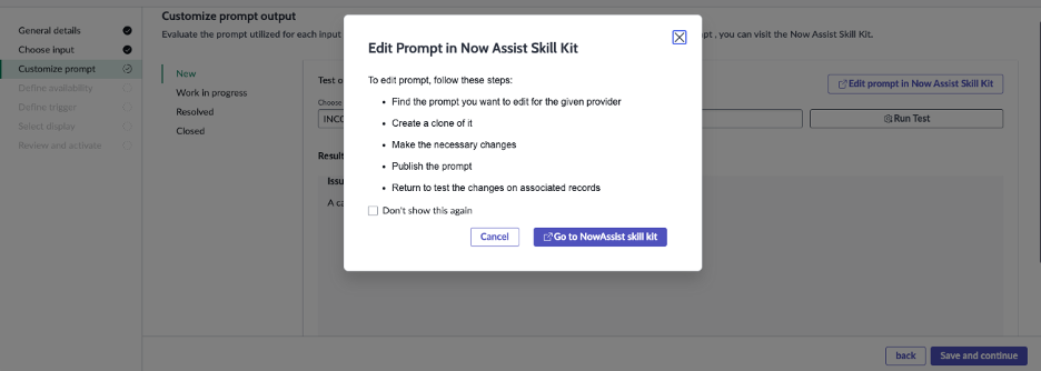 Edit prompt screen to modify prompts in the Now Assist Skill Kit.