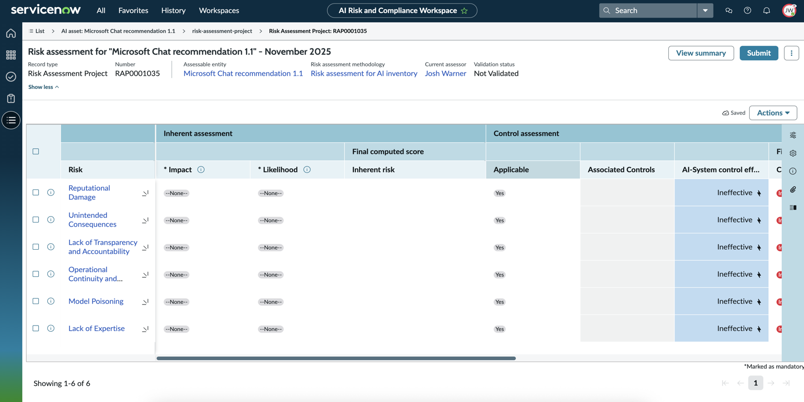Grid view of risk assessment project