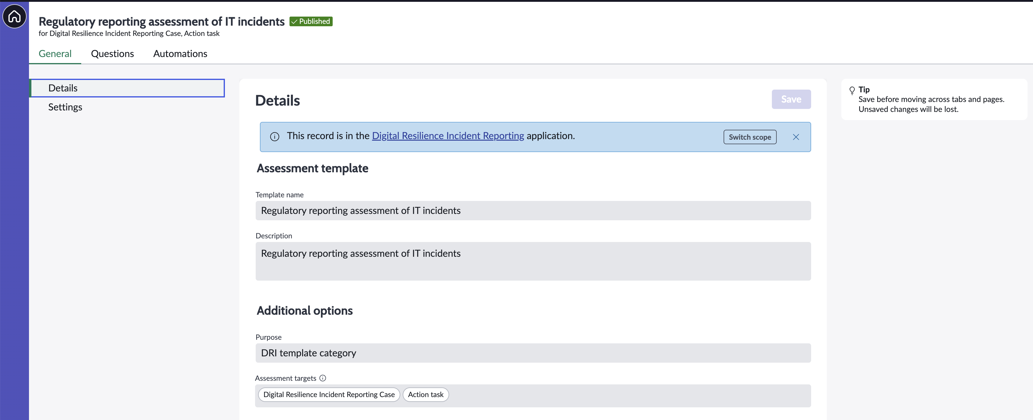 Assessment template created.