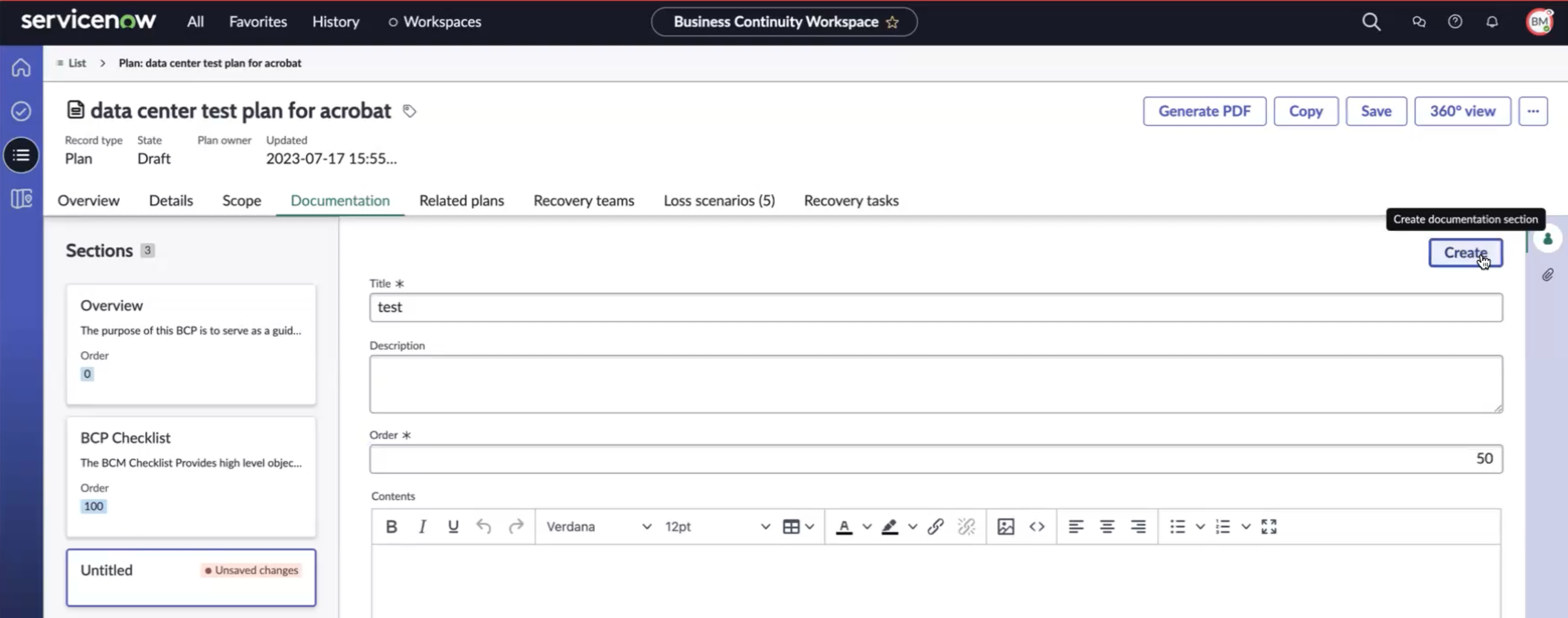 Order field in the documentation section of a BCP.
