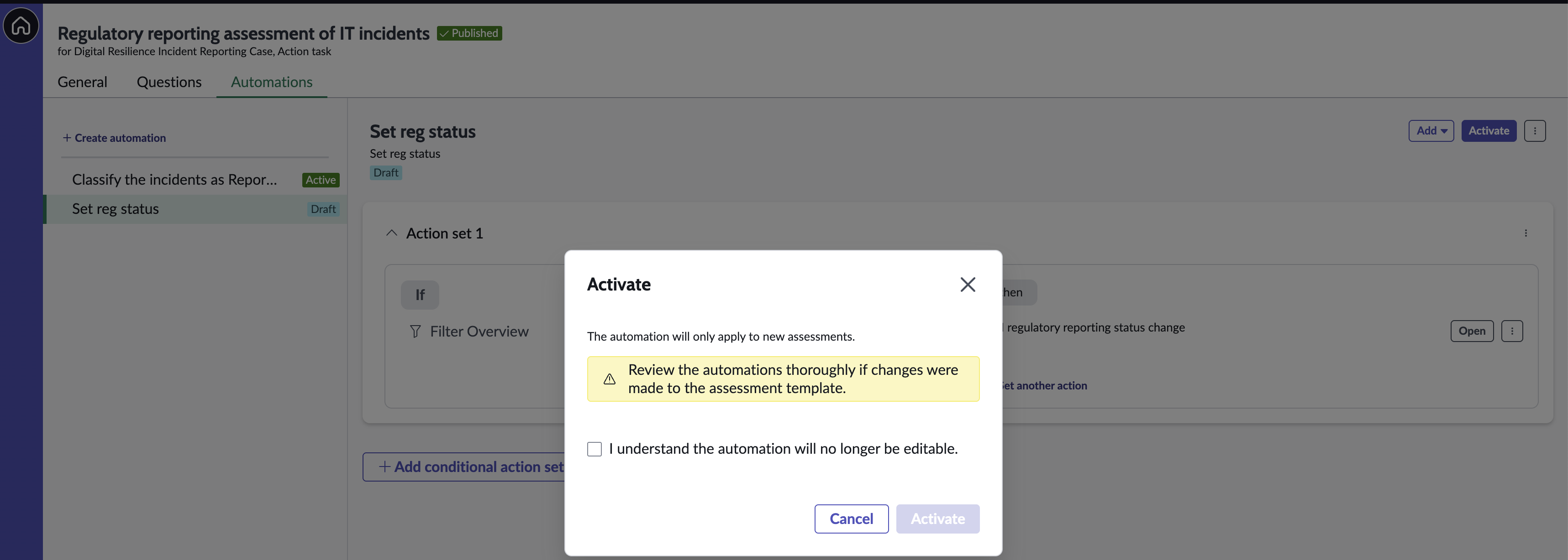 Example showing the dialog box to activate the automation.