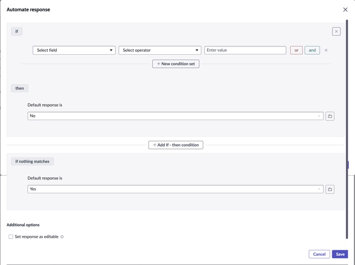 Screen of the Automate response pop-up window, which shows the If section, Then section, and If nothing matches section.