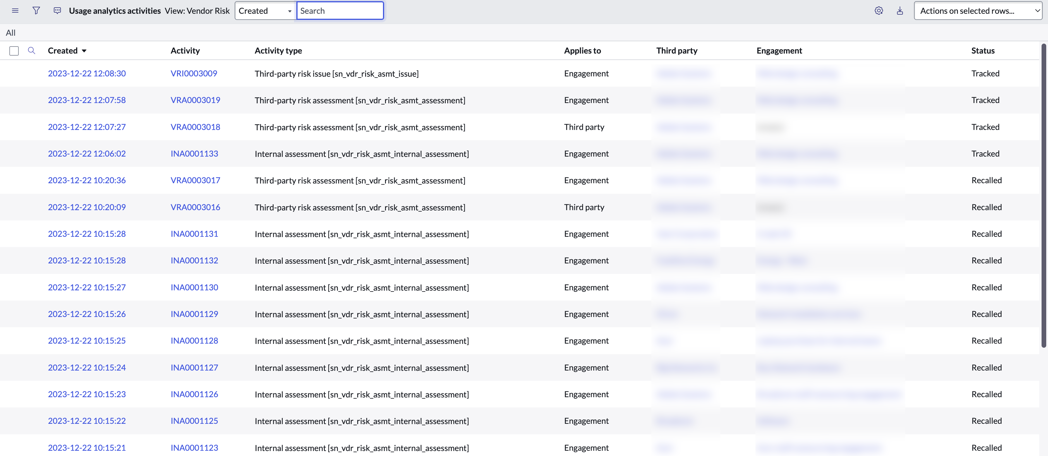 Usage analytics activities table with sample data.