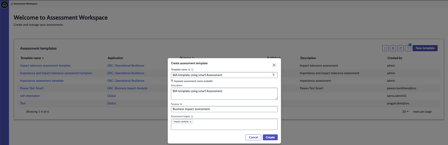 Create assessment template form.