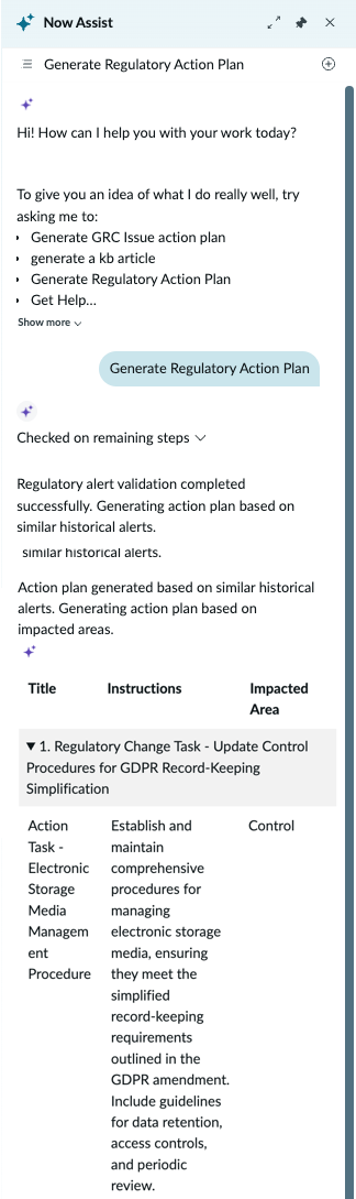 Details on initiating the get regulatory alerts workflow in the Now Assist panel.