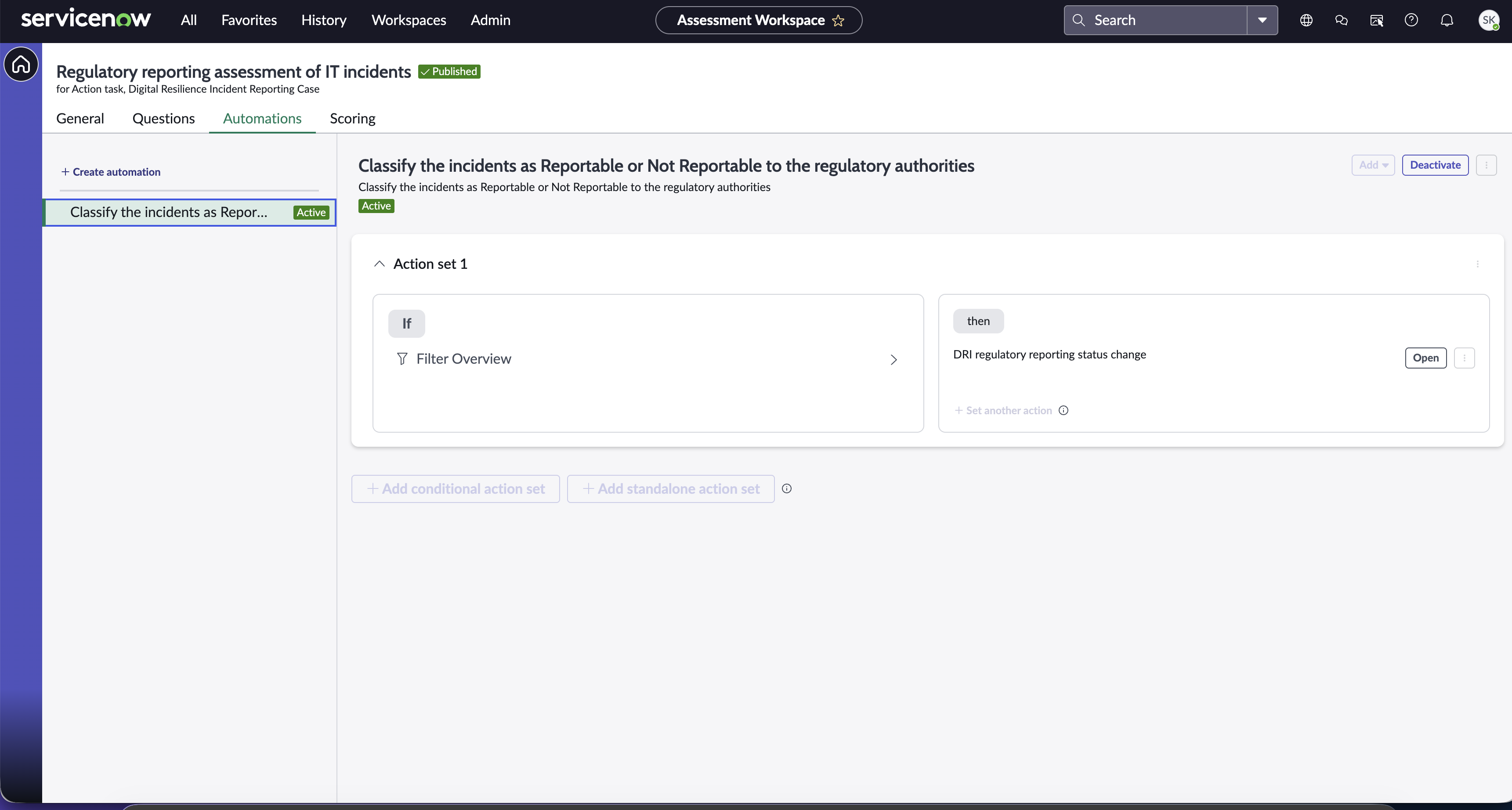 Example showing the Automations tab.