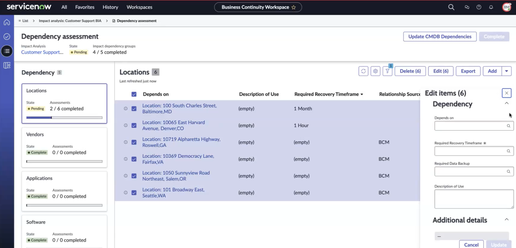Edit items dependencies window.