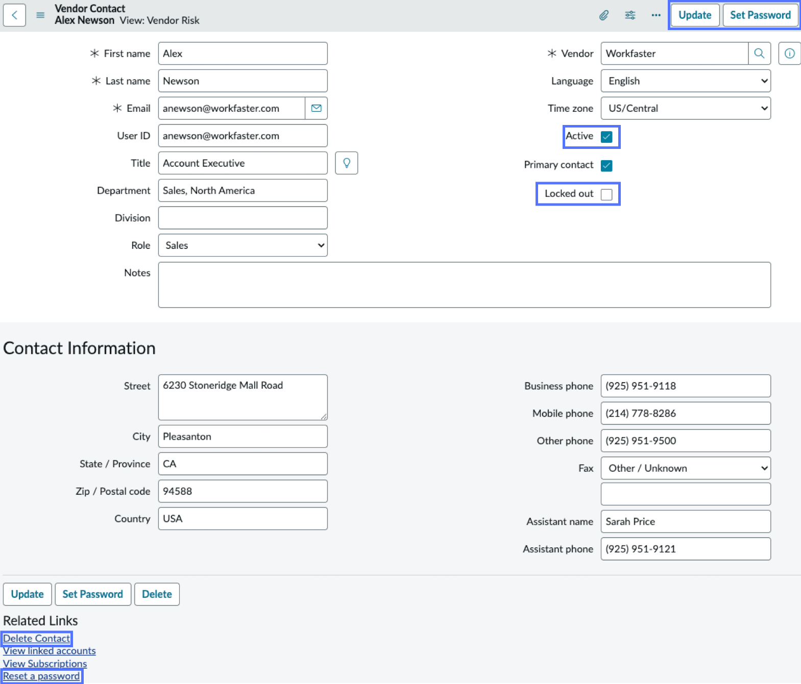 Third-party contact's information and the relevant buttons, options, and related link locations on the form. For a description of each action, refer to the steps that follow.