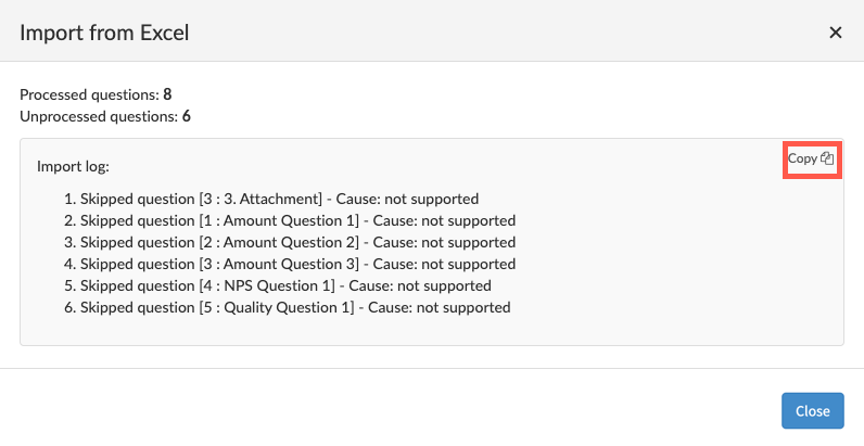 View of an import log. For the text description, refer to the text that precedes this example.