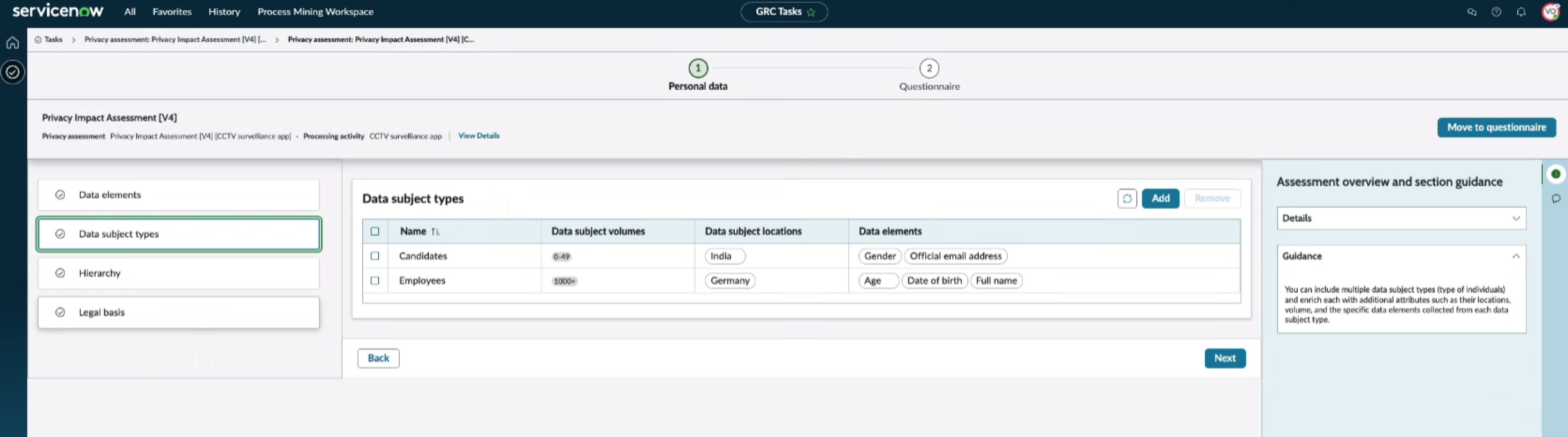 Data subject types in a tabular format in Employee Center.