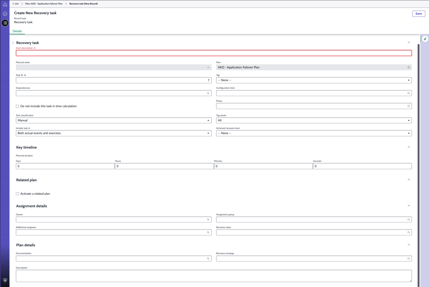 Create New Recovery task form.