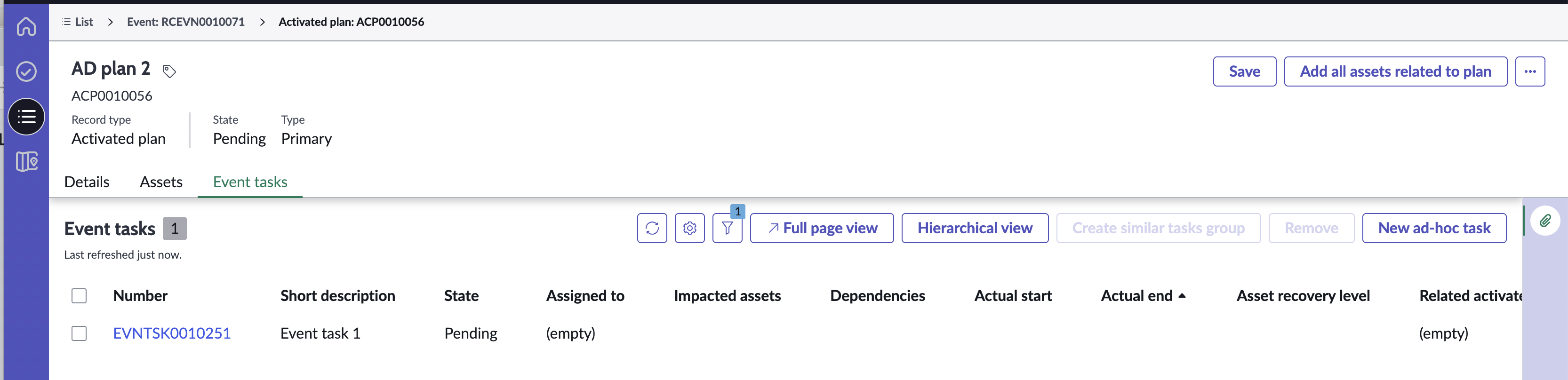 Asset Recovery Level&nbsp;column in event task.