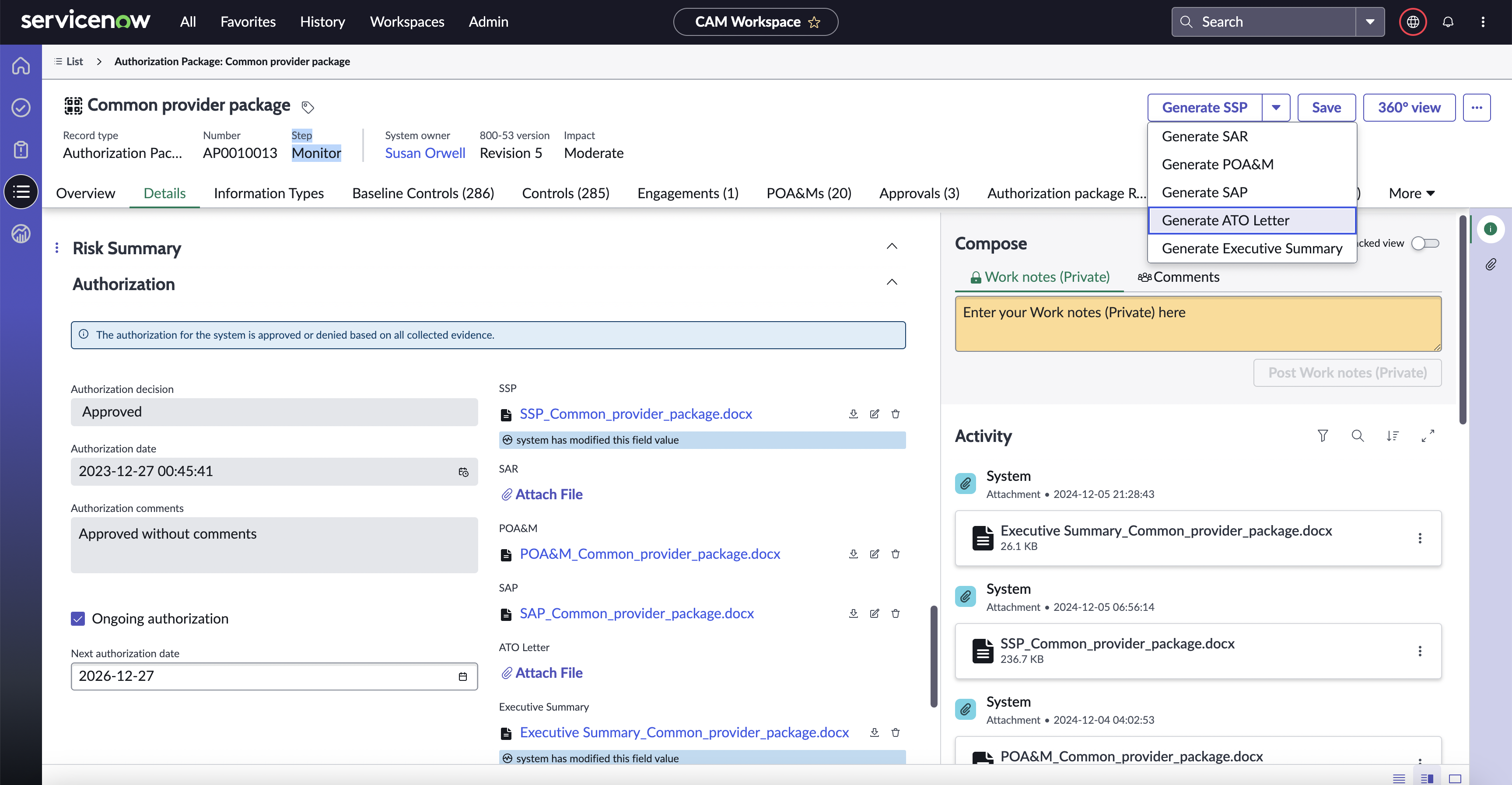 Generate ATO artifact UI actions.