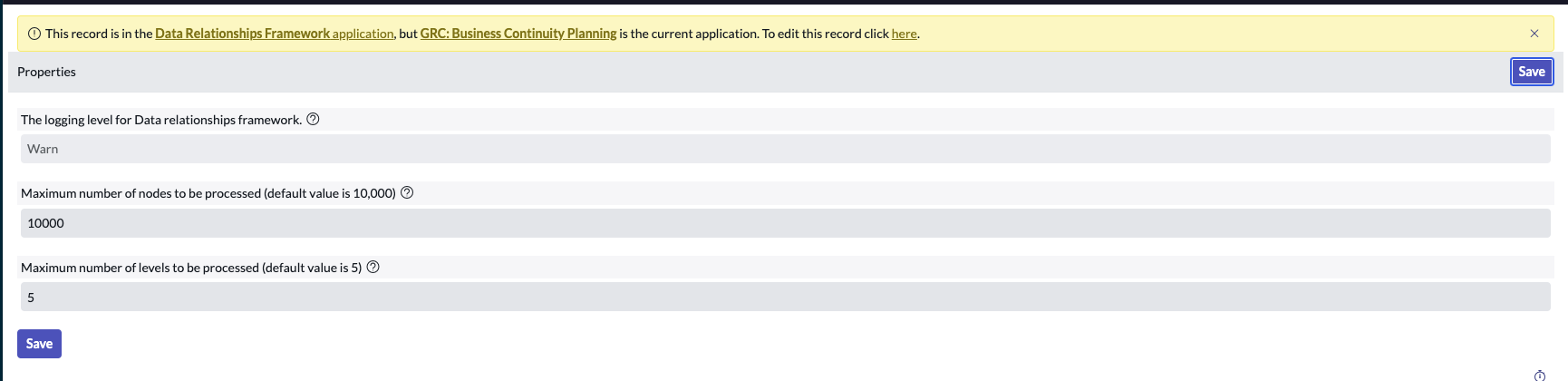 Properties for the Data Relationship Framework.