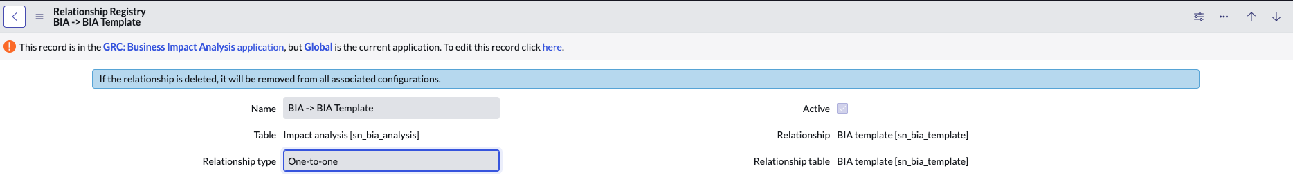 Sample relationship registry record.