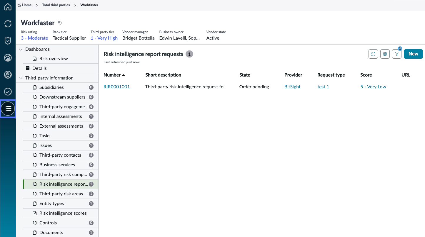 Risk intelligence report requests view from Risk intelligence Report requests tab in Vendor Management Workspace.