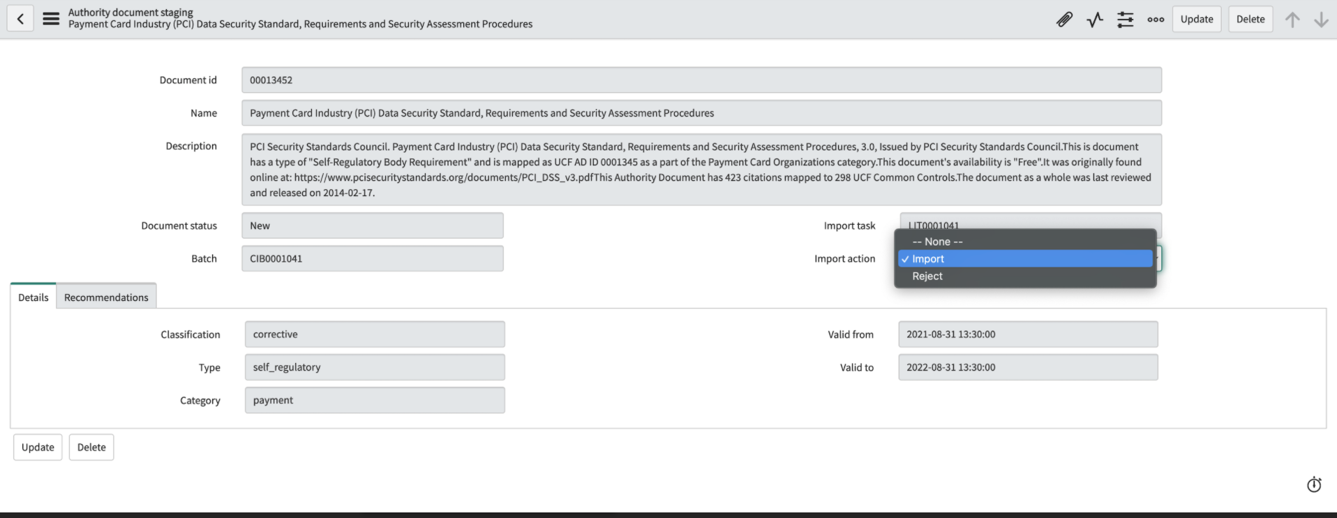 Import or reject actions for a new document.
