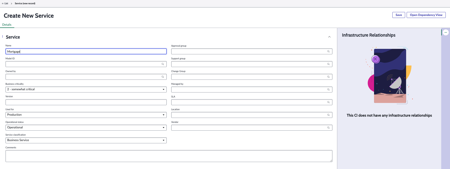Details tab in the Create New Service form.
