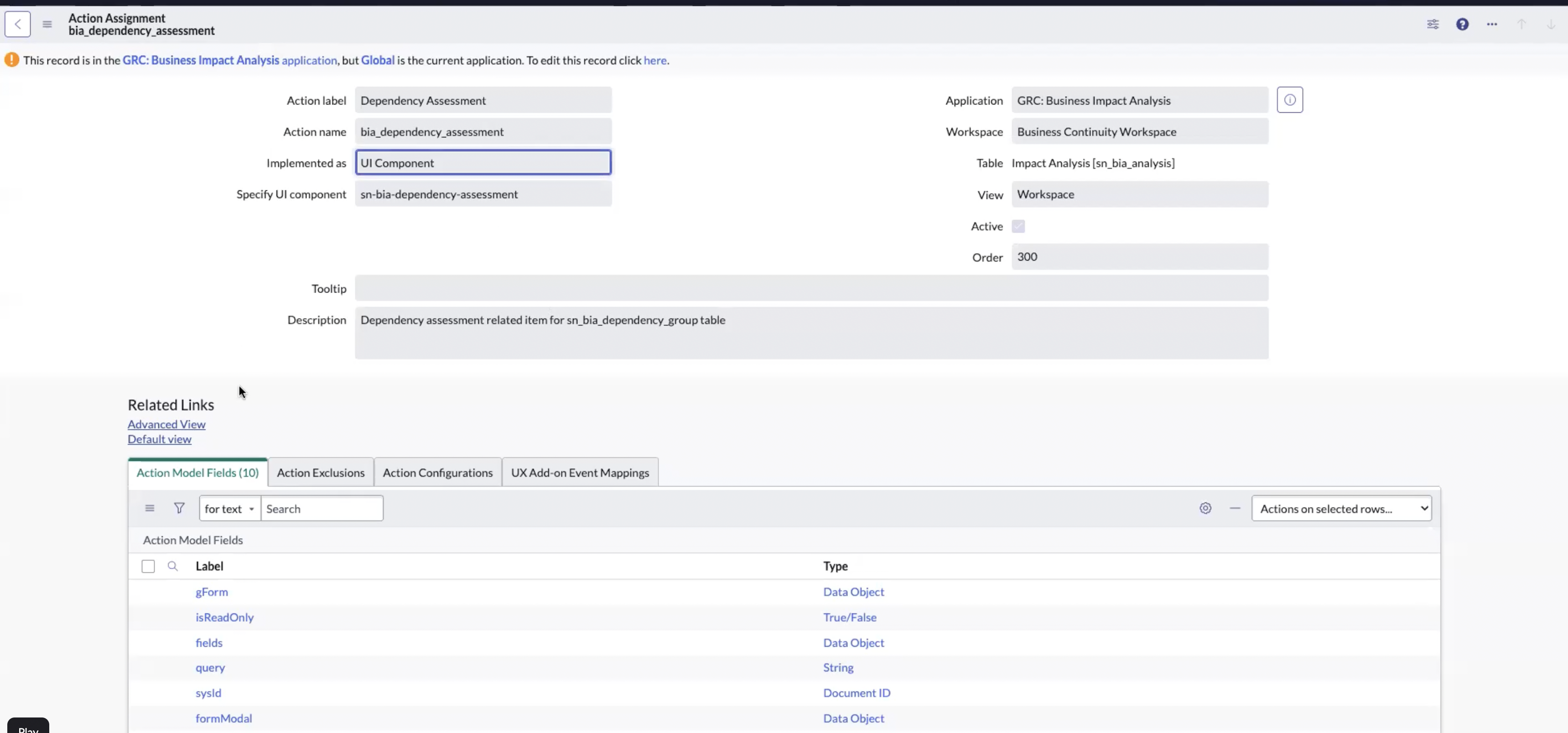 Form view for the selected action.