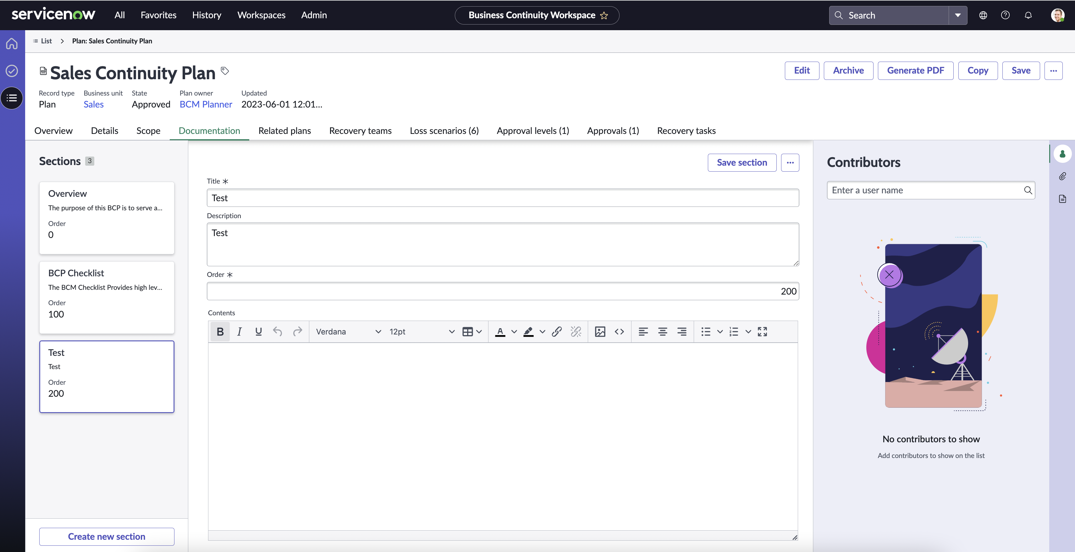 Create new section UI action.