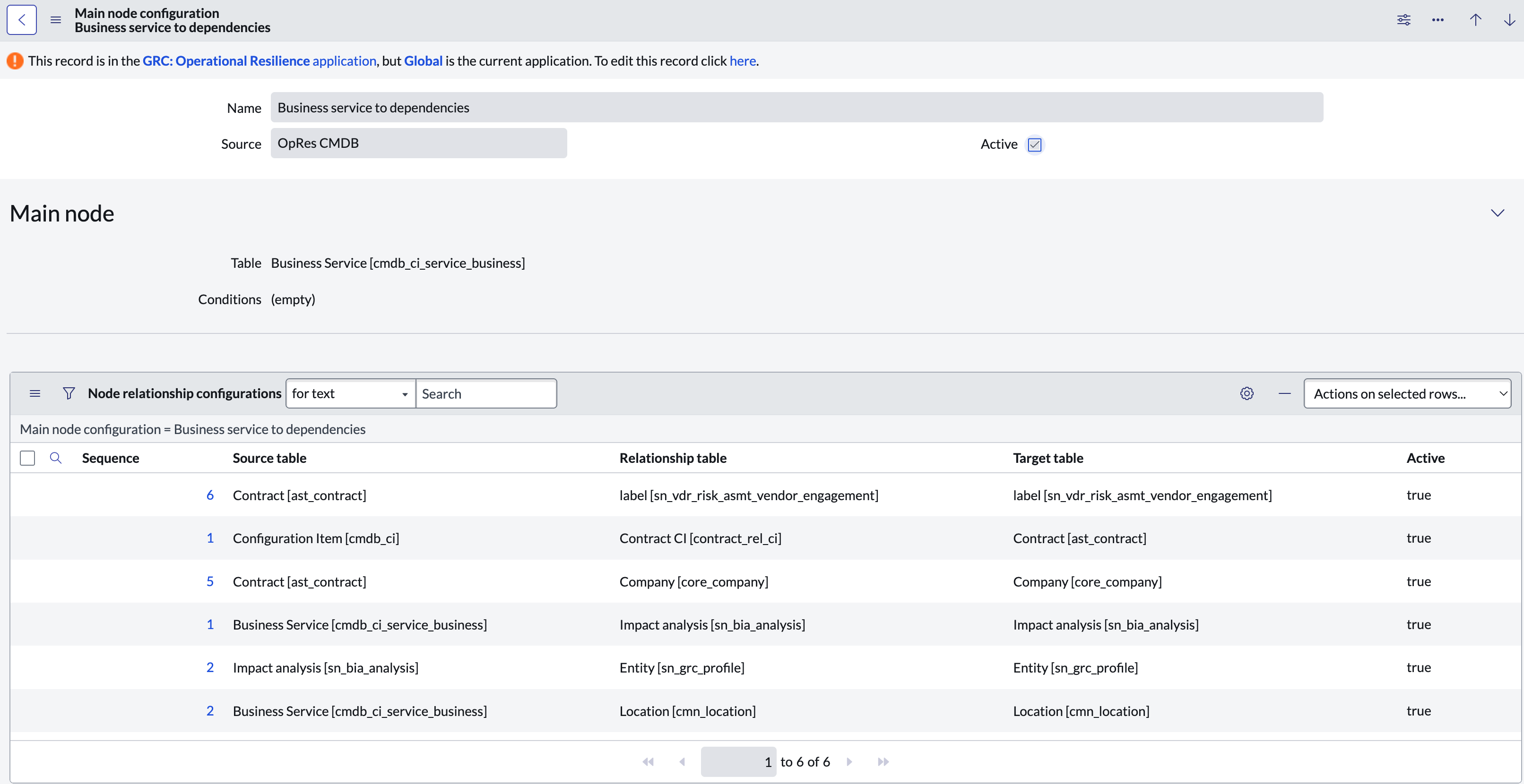 Business service to dependencies Main node configuration.
