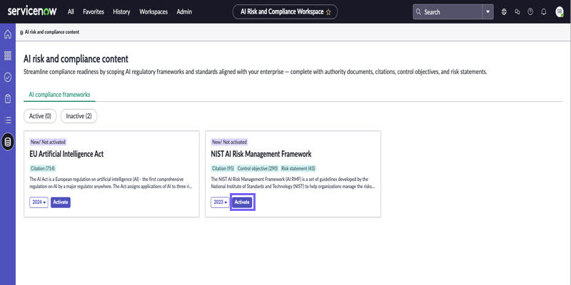 Activate button on the NIST Risk Management Framework card.