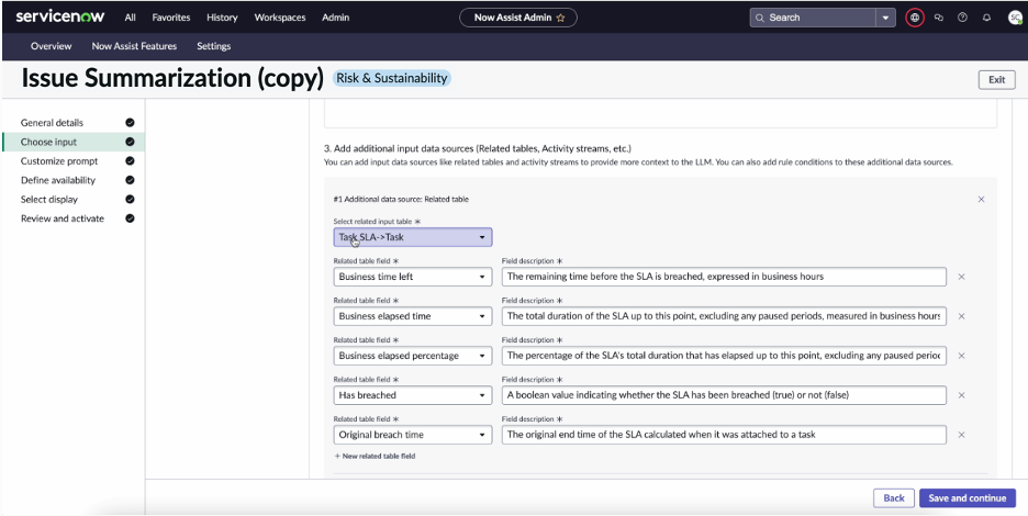 Choose input data screen that contains the input tables and fields to define the prompt.