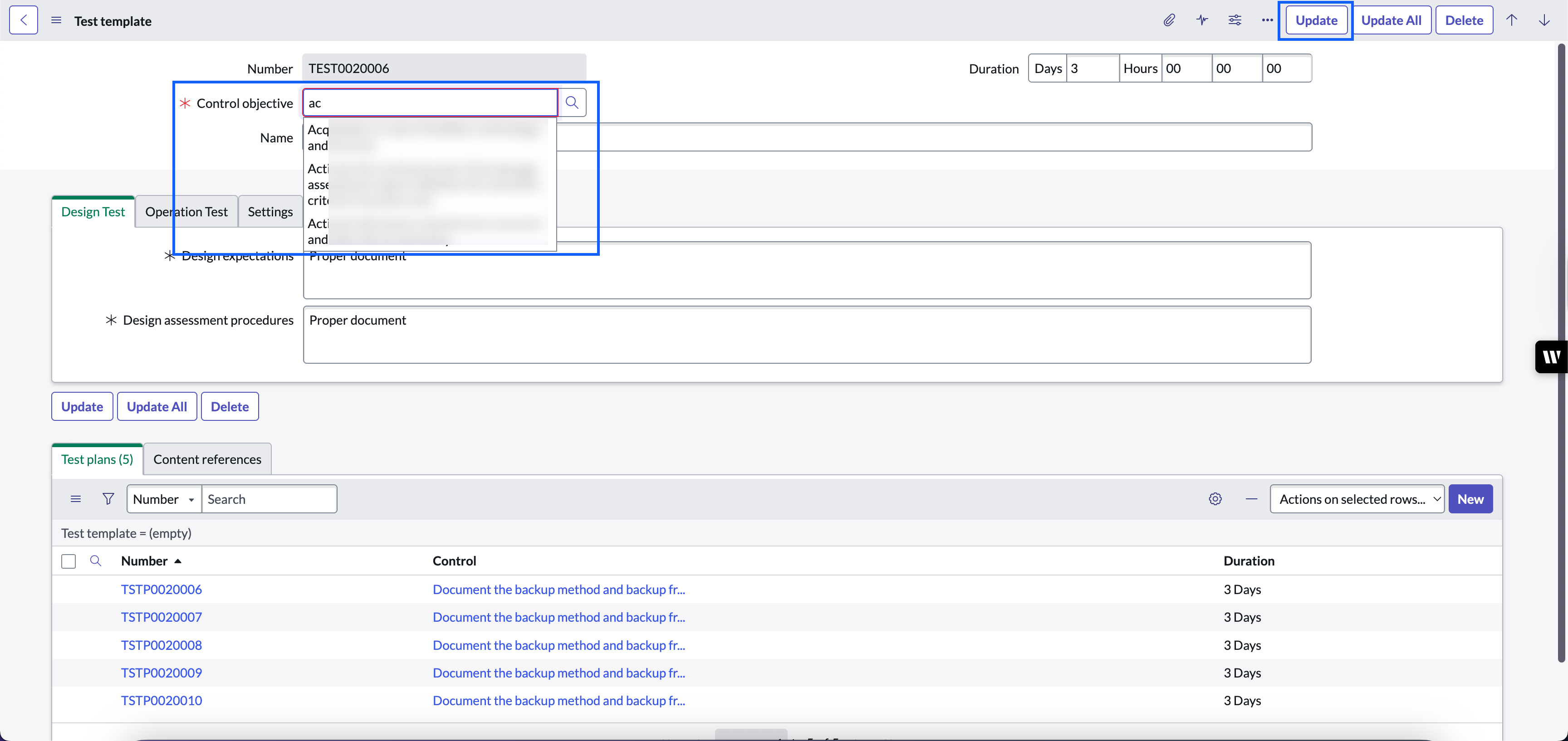 Test template control objectives update.
