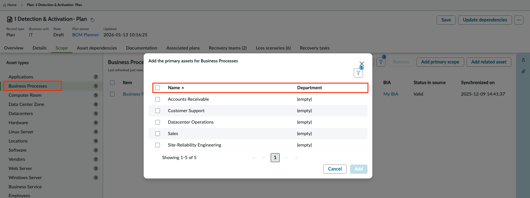 Assets shown when you select Add primary scope for the Business Processes asset types.