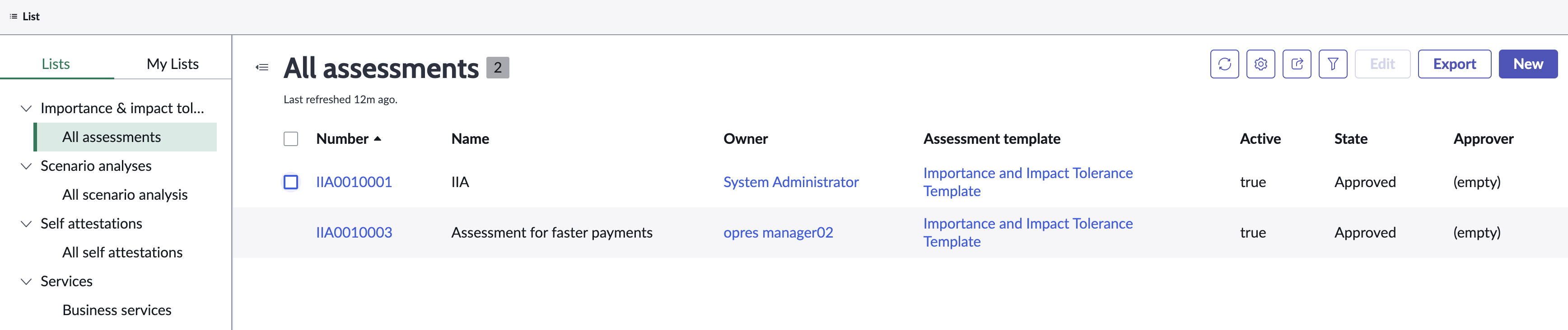 List view in the All assessments form.