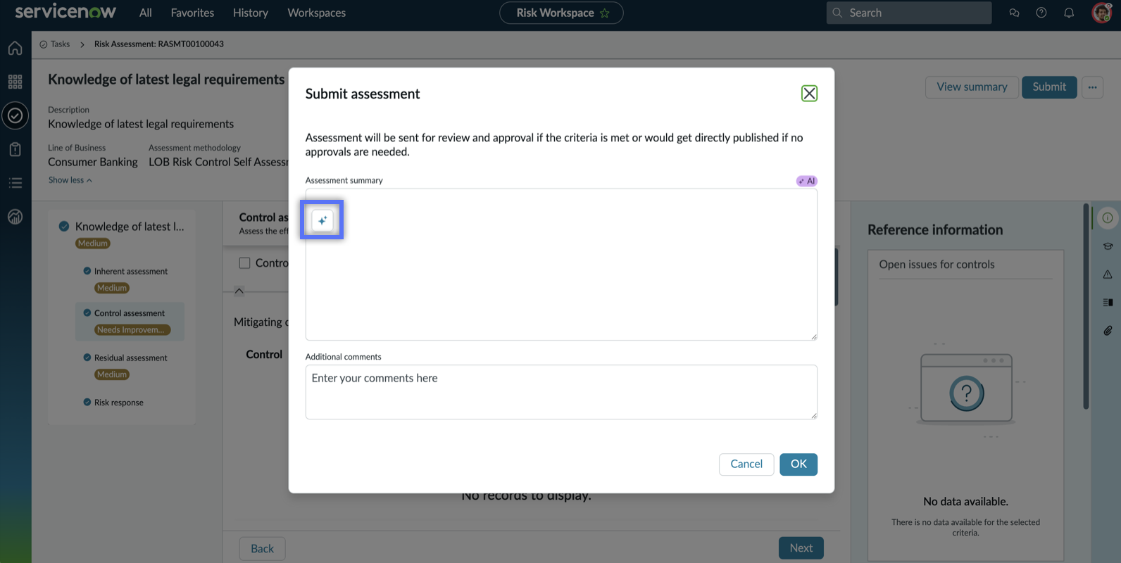 Generate risk assessment summary button on the submit an assessment dialog box.
