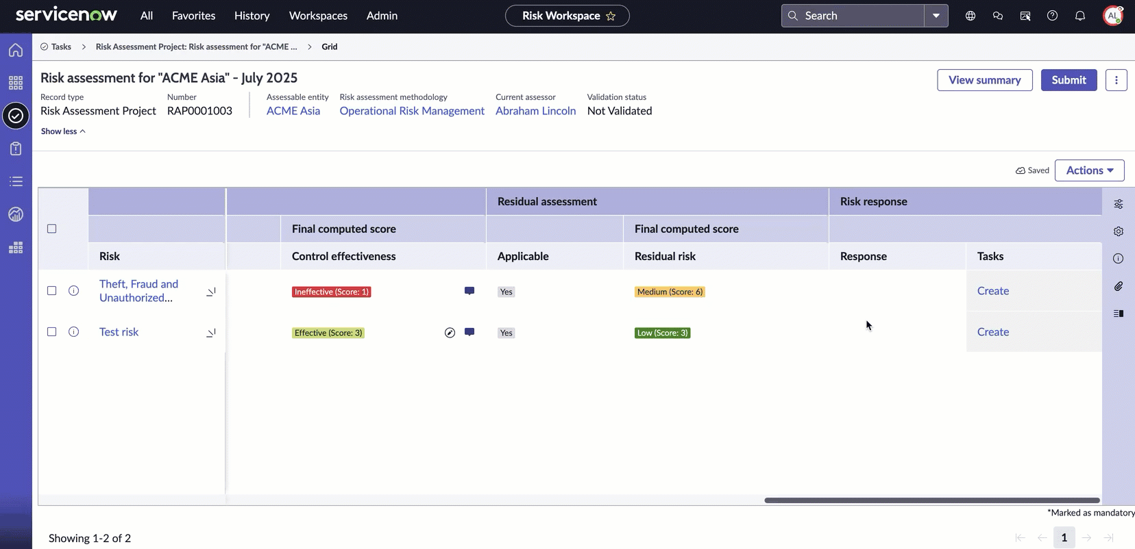 Create risk response tasks in the grid view.