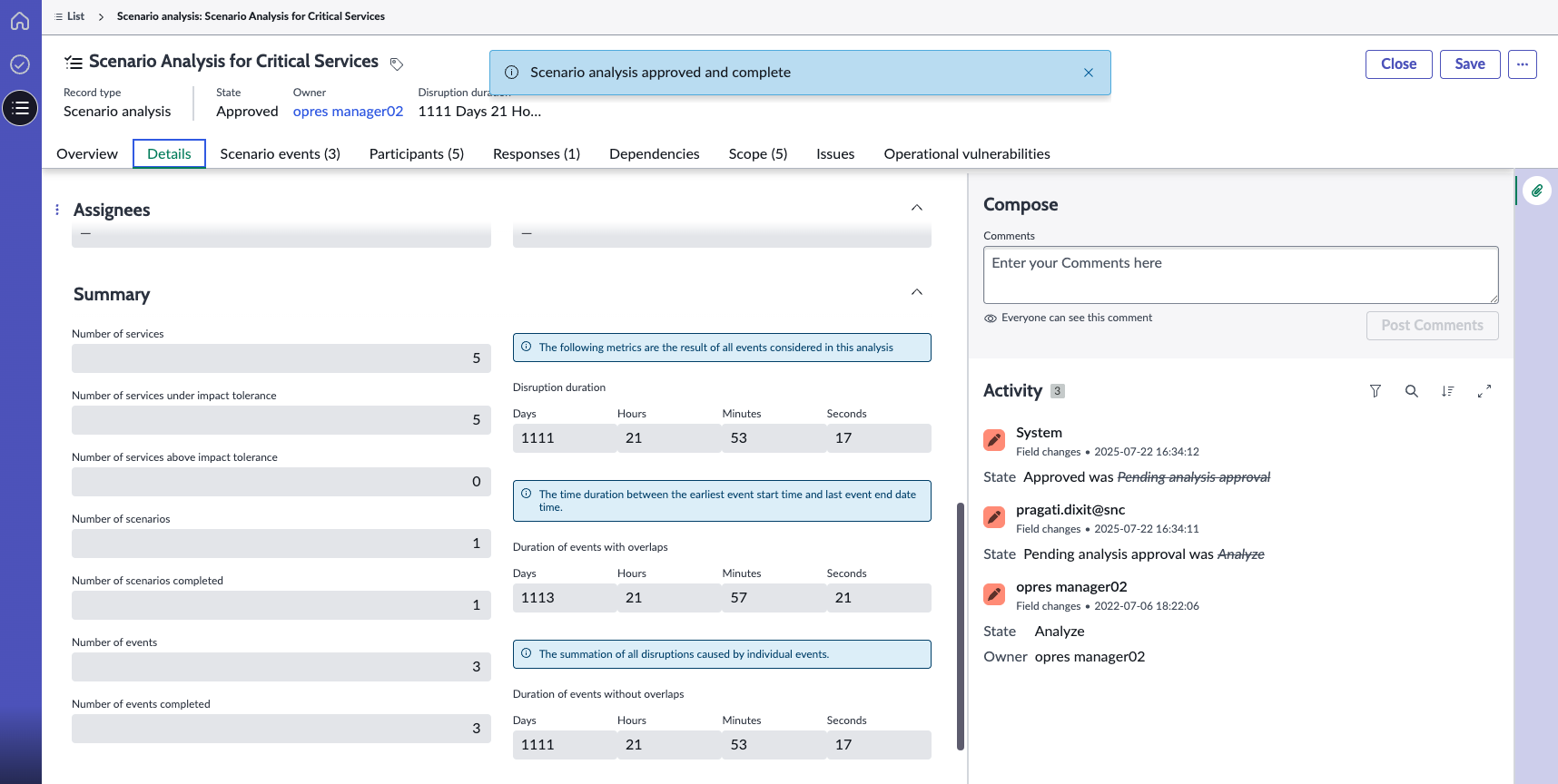 Summary panel of the scenario analysis form.