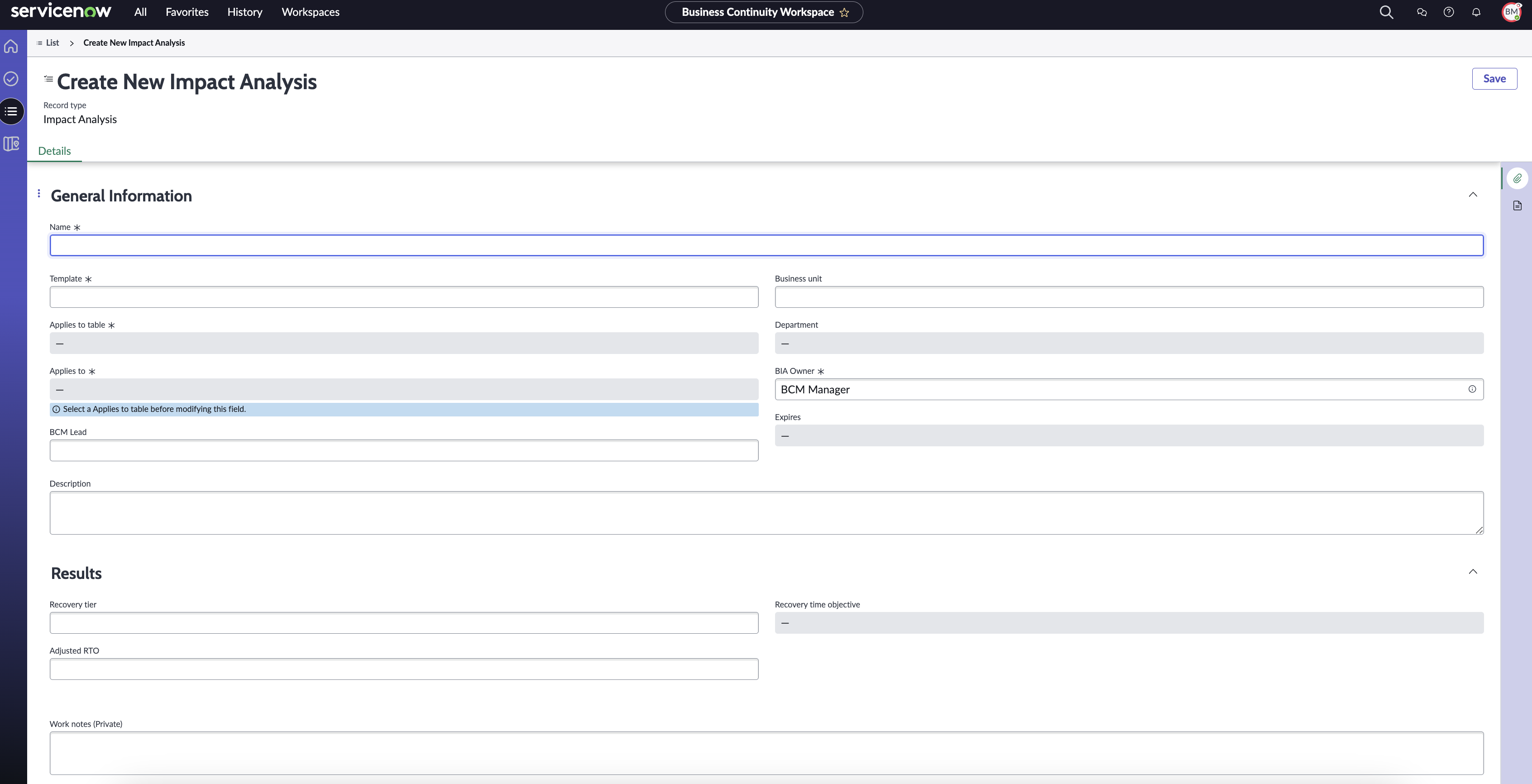 Create New Impact analysis form.