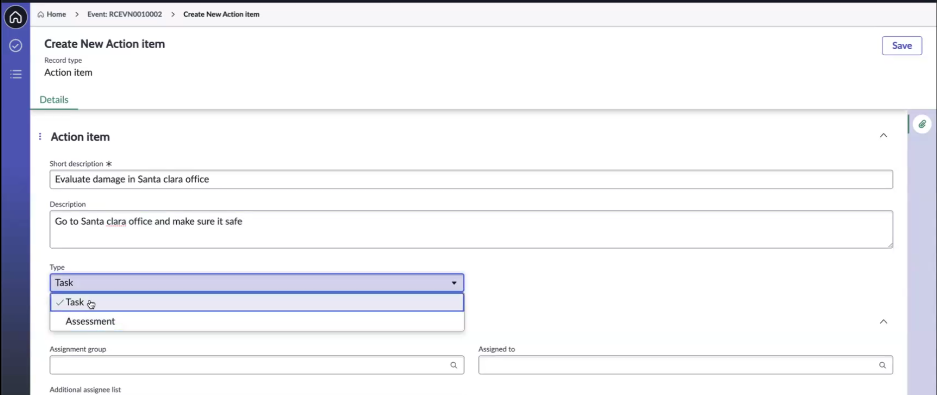 Create New Action item.