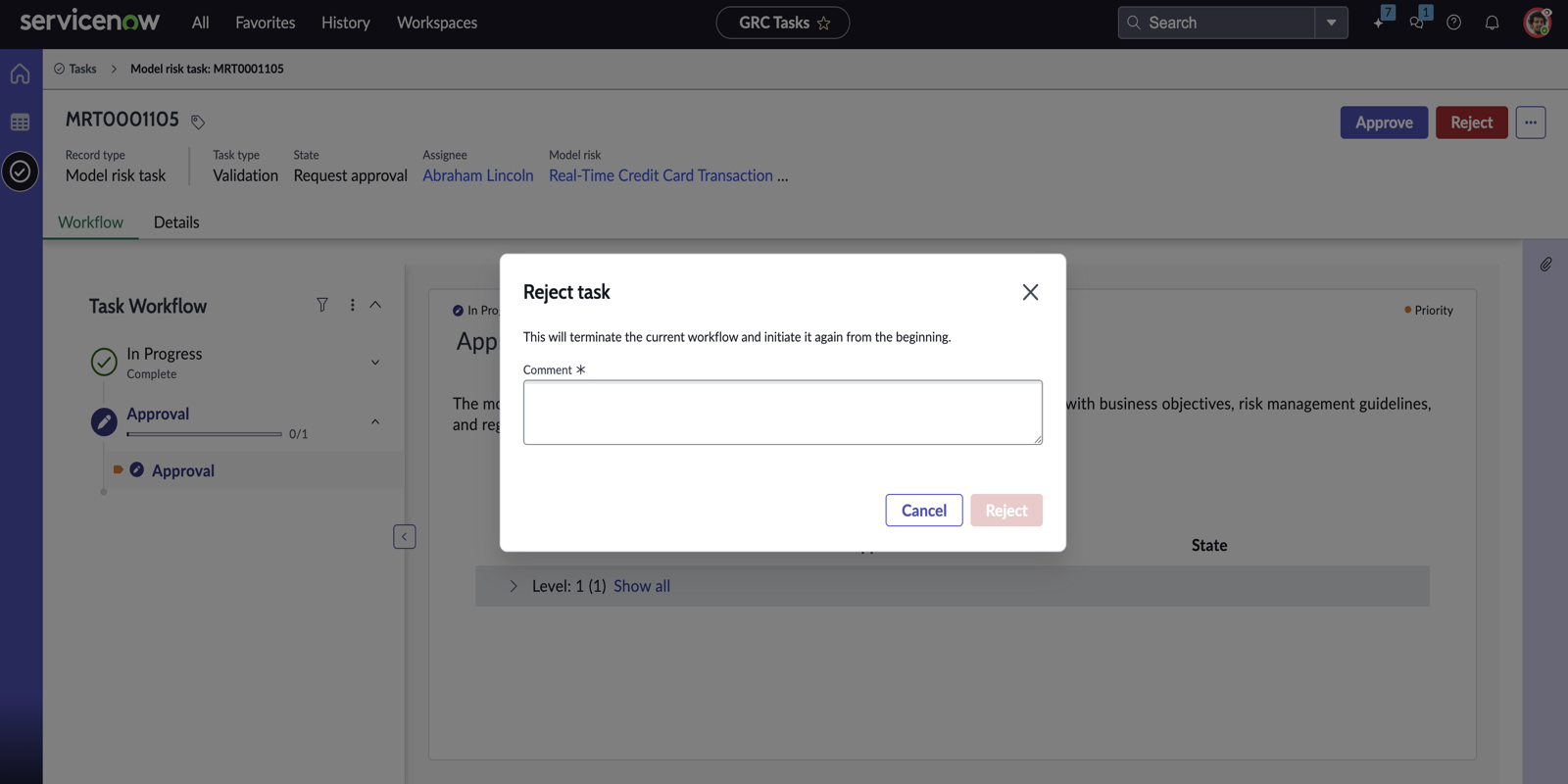 Reject task dialog box.