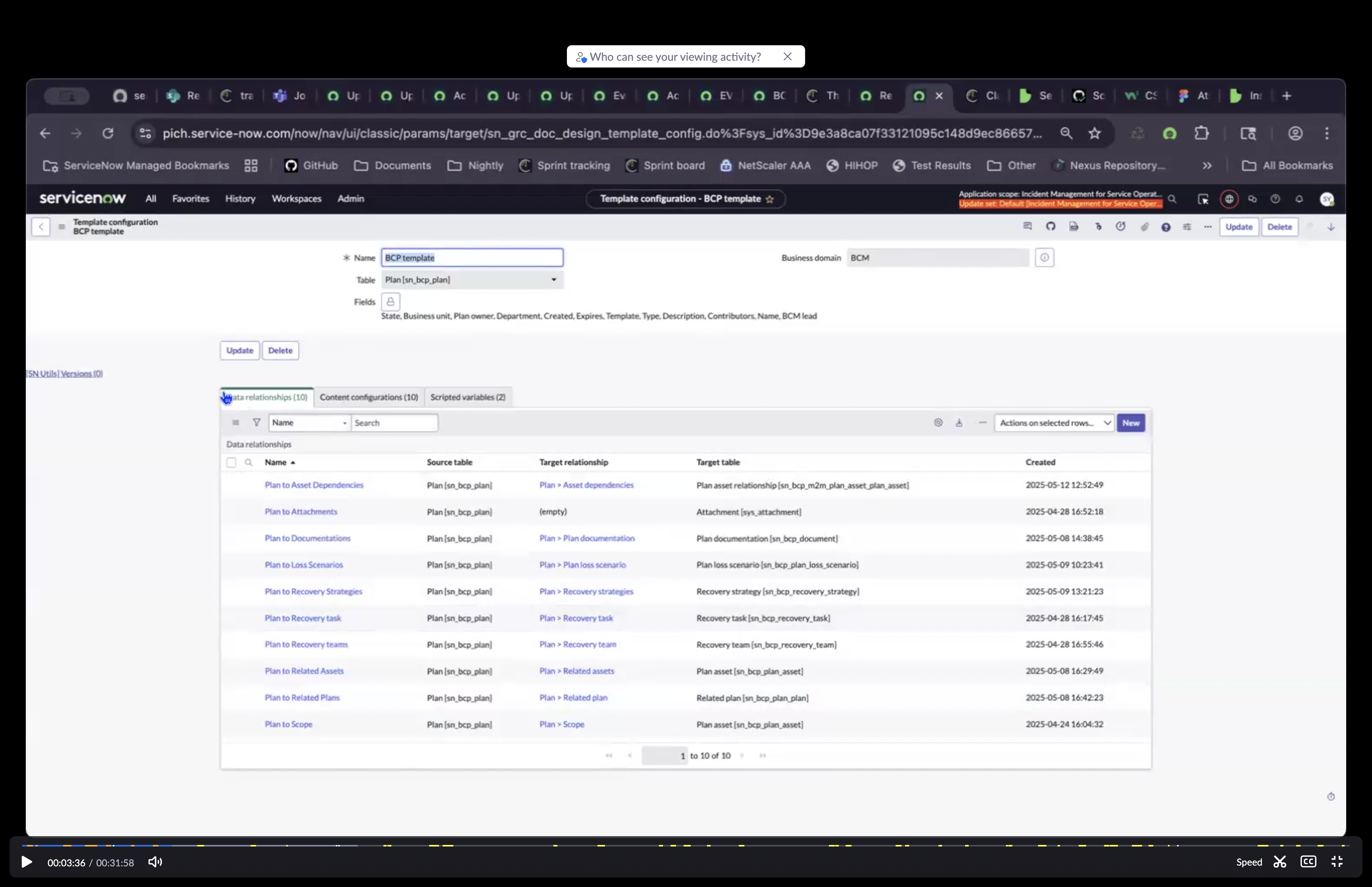 BCP template configuration.