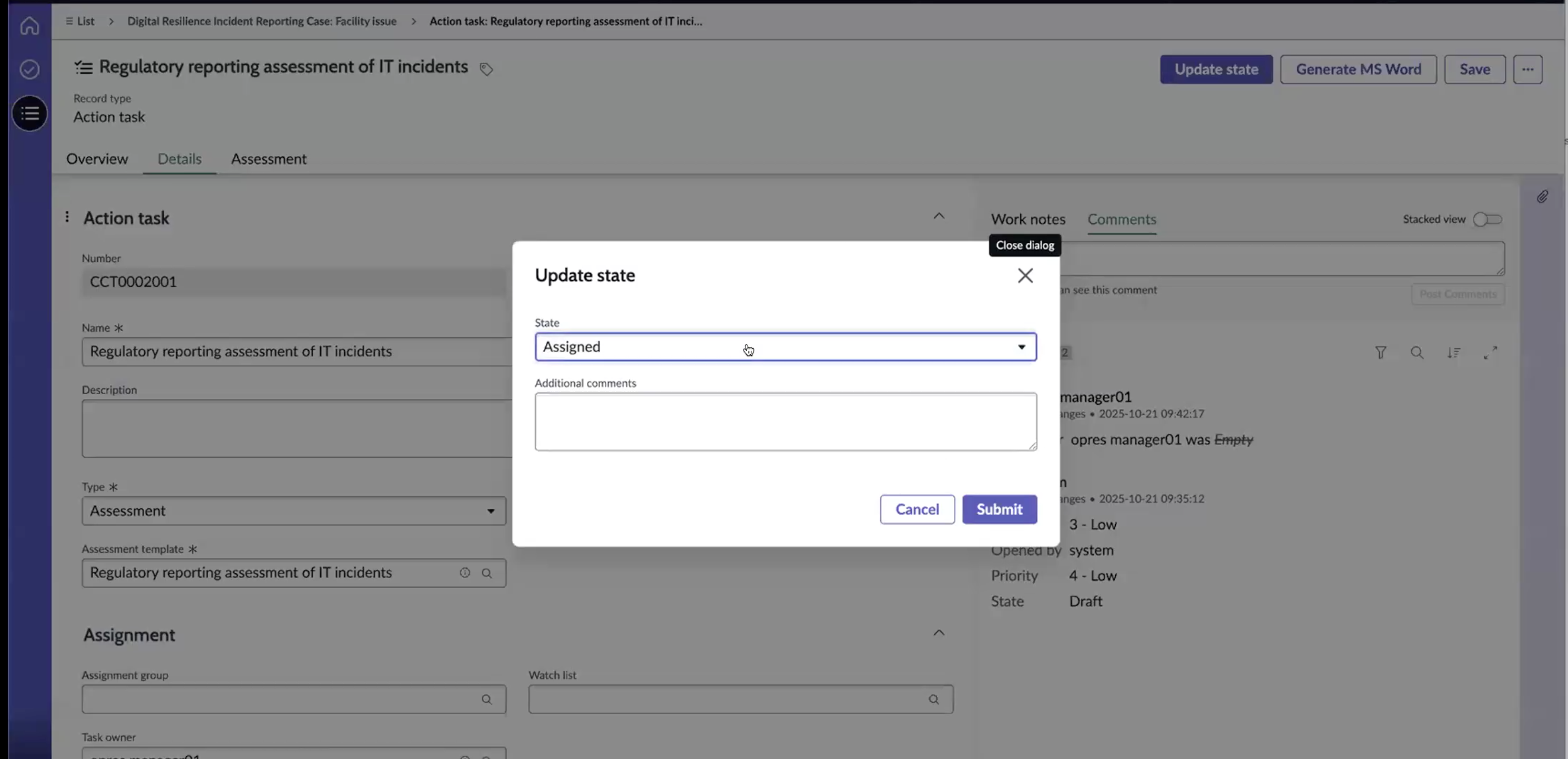 Action task state is updated.