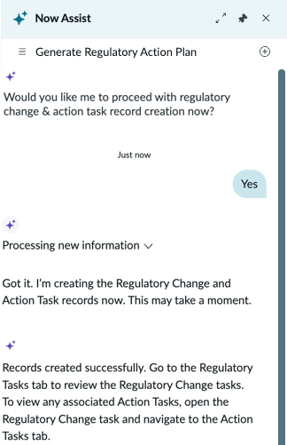 Details on the get regulatory alerts workflow outcome in the Now Assist panel.