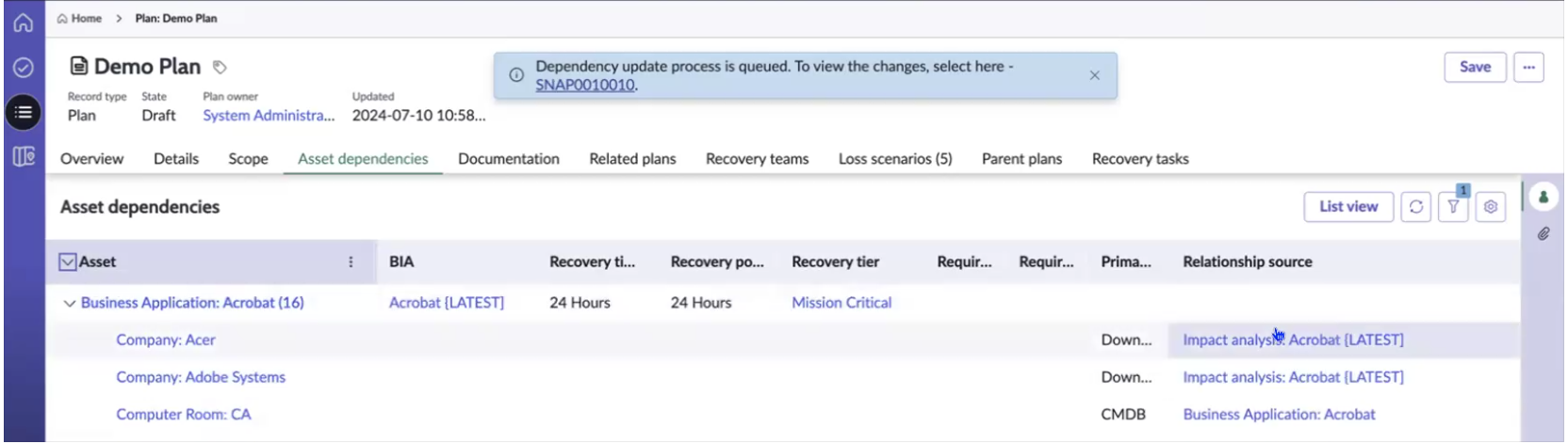 Dependency assessment from latest BIA.