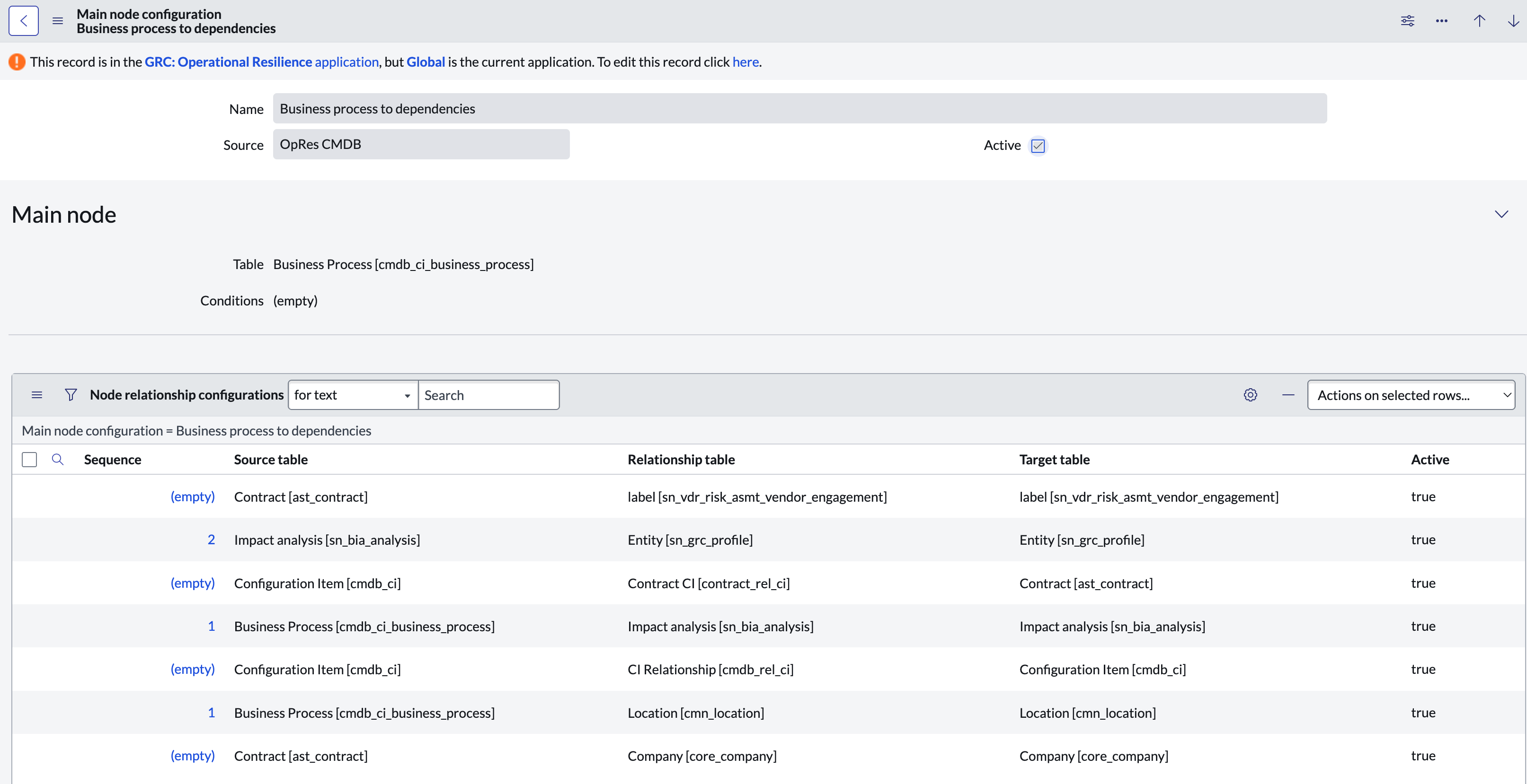 Business process to dependencies Main node configuration.